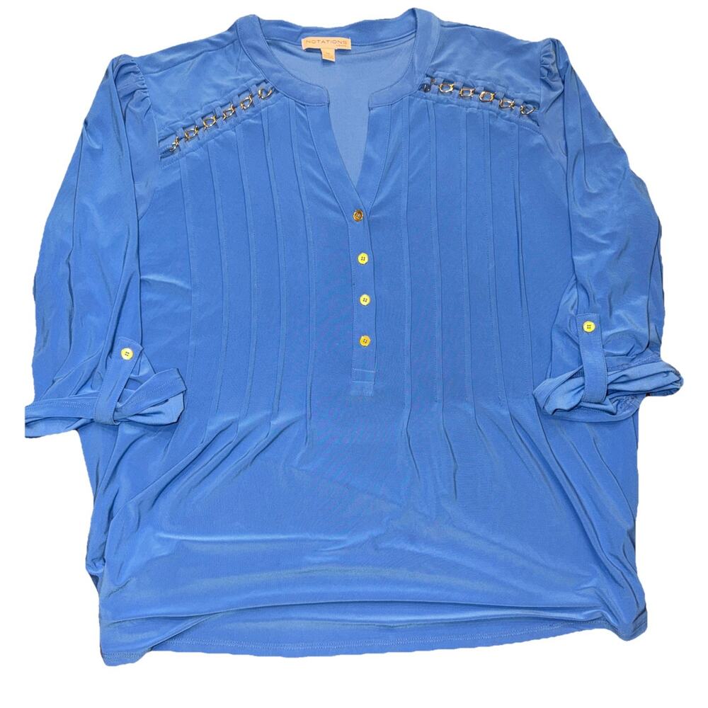 Notations Blue Chain Detail Blouse – Women’s 1X Roll Tab 3/4 Sleeve Top